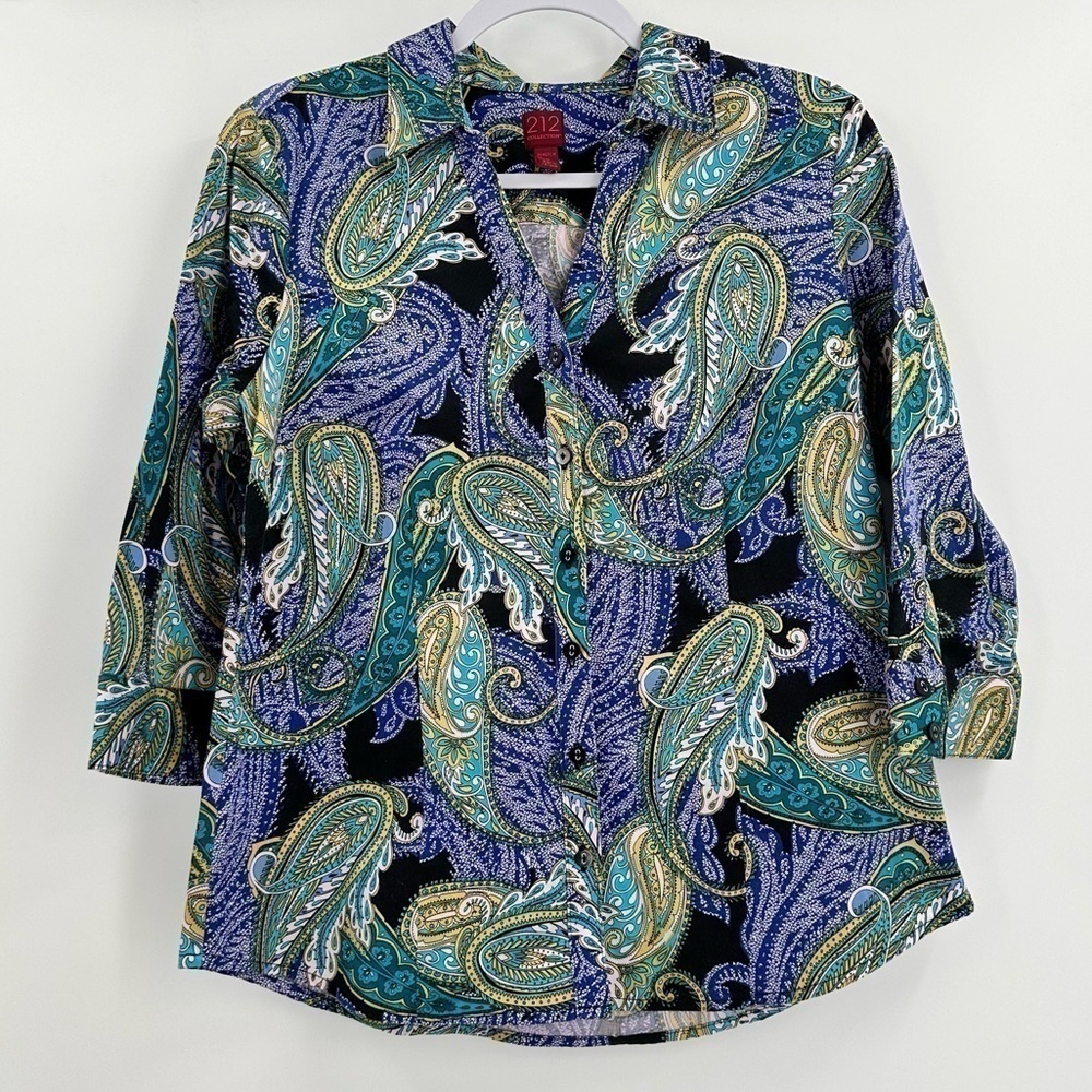 212 Collection Stretch Women’s Multicolor Paisley 3/4 Sleeve Button Down Size M